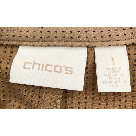 Chico's Faux Suede Perforated Lazer Cut Jacket Snap Front Size 1 US 8 Camel Tan - Picture 4 of 6